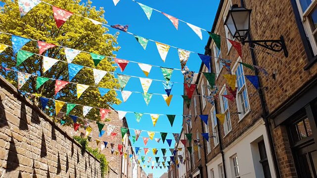 Colorful bunting flags adorn a charming street under a bright blue sky.