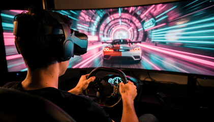 Fototapeta premium Immersive VR Racing Experience: A Young Man's Thrilling Ride in a Simulated World, Steering Wheel in Hand, Fueled by Speed and Cutting-Edge Technology on a Curved Display