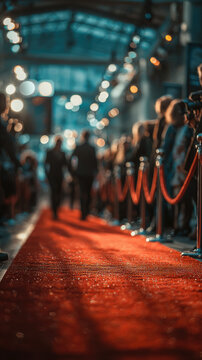 Long red carpet between barriers, blurred figures of photographers and flashes, film festival awards ceremony, Hollywood, Cannes, award, prize, film academy, Venice Film Festival, movie night, fame