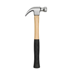 A silver hammer with a wooden handle is standing upright on a neutral background from a frontal viewpoint