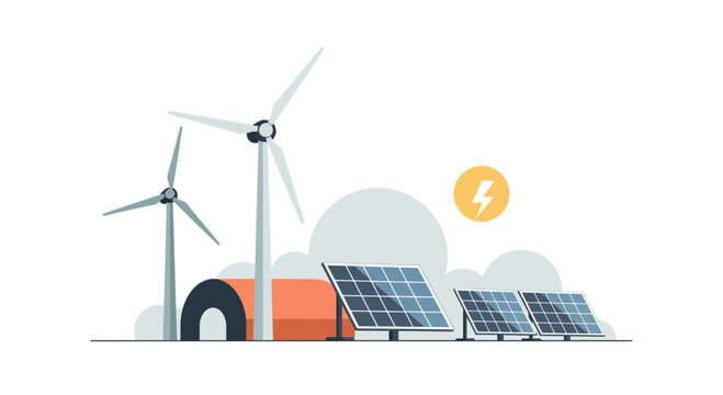 Renewable energy sources wind turbines and solar panels generating electricity.