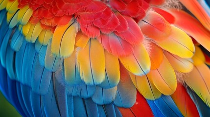 Obraz premium Extraordinary detailed macro of scarlet macaw's exotic plumage displaying phenomenal color saturation and natural iridescence, remarkable feather structure showing individual filaments and natural