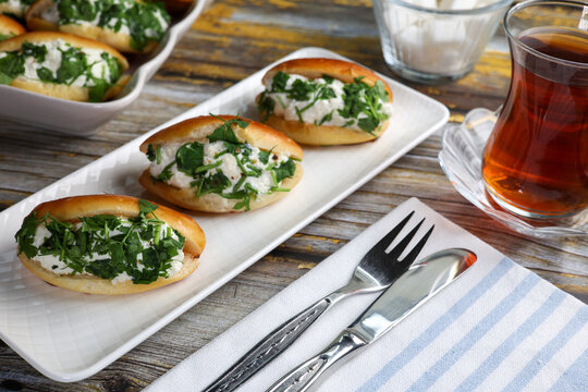 Traditional Turkish pastry pogaca with cheese filling with dill. Turkish name Sakallı, sacaklı