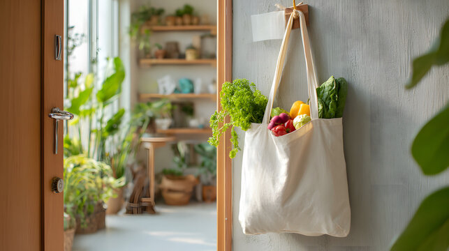 Reusable Shopping Bag with Fresh Vegetables in Bright Japanese Apartment Entrance