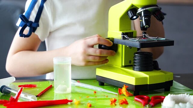 Close up of girl hands adjusting microscope during crystal examination at home laboratory table. Practical scientific work and hands on STEM education through detailed observation process.