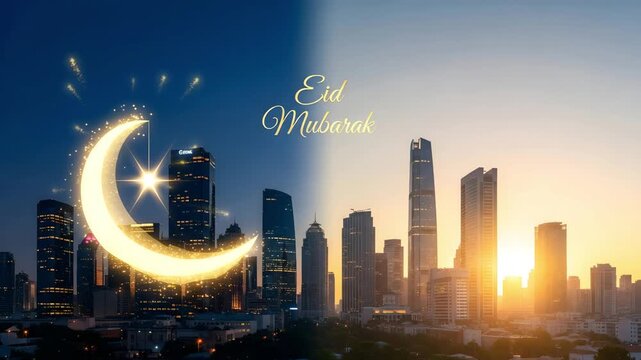 Eid Mubarak Celebration City Skyline Sunset Moon Illumination Modern Skyscrapers Urban Landscape HD Video.