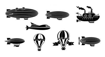 Collection of vintage airships and hot air balloons in silhouette. © Aceng