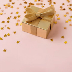Gift box on pink surface surrounded by golden stars