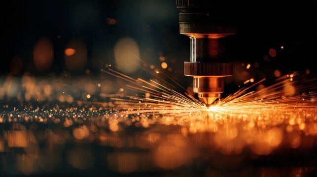 Laser trimming process. Manufacturing metals using robotic laser technology at industry standard. Metal components for vehicles are precisely cut by automated lasers in hightech environment
