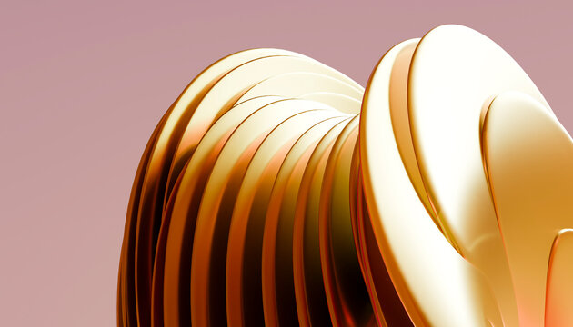 Abstract golden shapes form a striking sculptural design on a soft pink background. Illustration, rendering