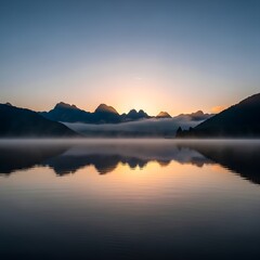 Obraz premium Panoramic mountain silhouette sunset reflecting in foggy lake water
