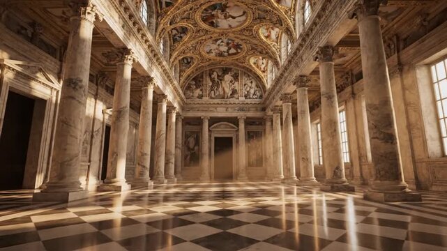 Interior of a historic building with a high, ornately decorated ceiling, marble columns, and a black and white checkered floor, captured with natural lighting and a sense of grandeur.