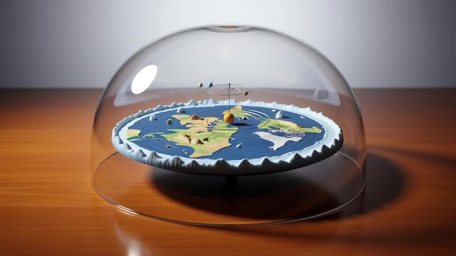 Conceptual studio video of a flat earth style model displayed under a glass dome on a table with controlled lighting and soft shadows