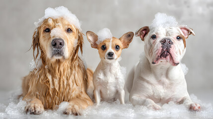 Naklejka na ściany i meble Three Dogs in Bath Foam, Grooming and Pet Hygiene Concept with Golden Retriever, Chihuahua and Bulldog