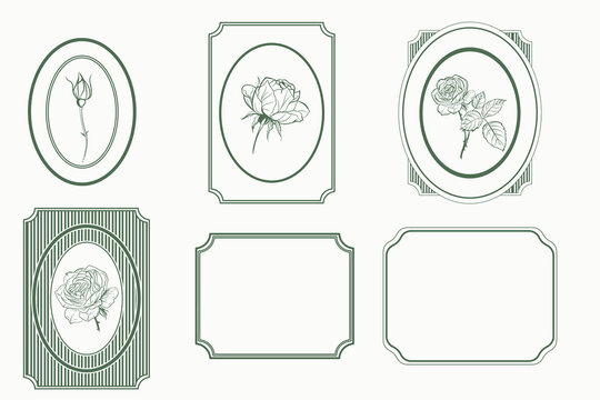 Set of vector vintage style simple frames with lined rose flowers 
