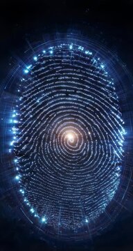 Digital fingerprint glowing encryption biometric security access glow with secure encryption spiral