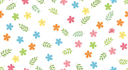 Obraz premium Seamless floral vector clipart pattern with colorful flowers and green leaves on white background