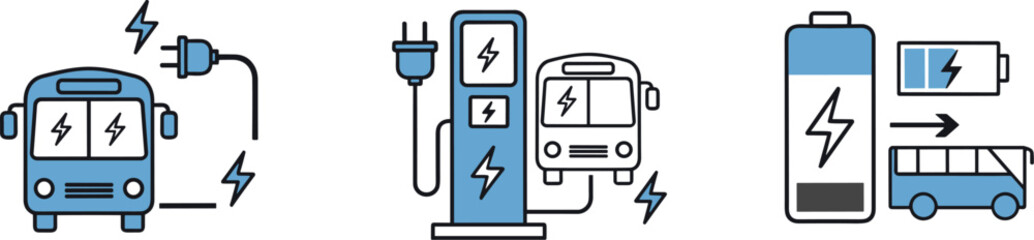 Electric bus charging and battery icons representing sustainable urban transport solutions