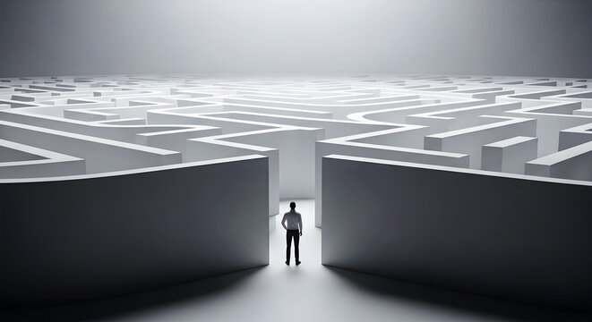 Silhouette man stands at entrance of vast white maze under bright light labyrinth image
