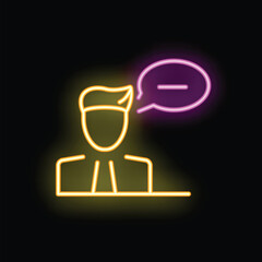 Obraz premium Neon style icon of a businessman thinking with a minus sign inside a speech bubble
