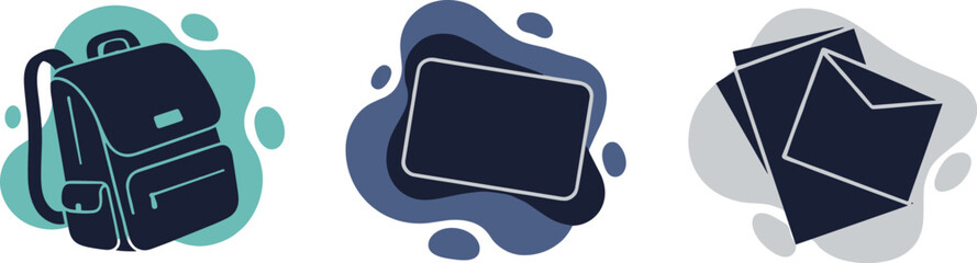 Collection of simple graphic icons representing school supplies and communication