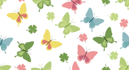 Spring butterflies and clover seamless pattern vector clipart in pastel colors for backgrounds