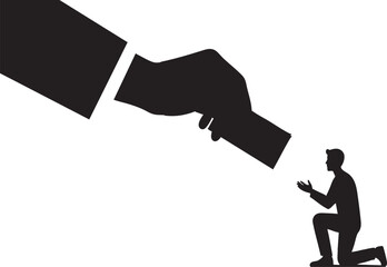 Fototapeta premium Gigantic Silhouette Hand Giving Money to Small Kneeling Man Financial Help Concept
