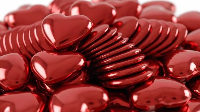 Shiny red heart-shaped candies stacked in a pile