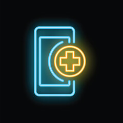 Obraz premium Glowing neon icon of a mobile phone displaying a medical cross symbol, representing healthcare apps and services