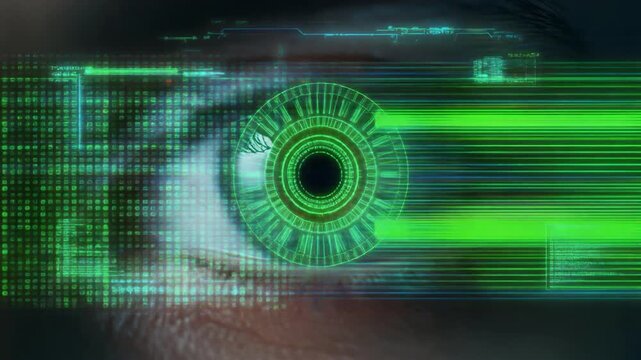 Human eye blinking with futuristic green interface animation.