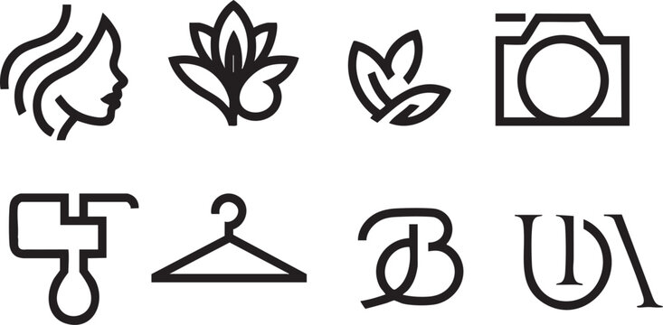 Beauty and fashion icons vector illustration female profile lotus leaves camera hanger light bulb