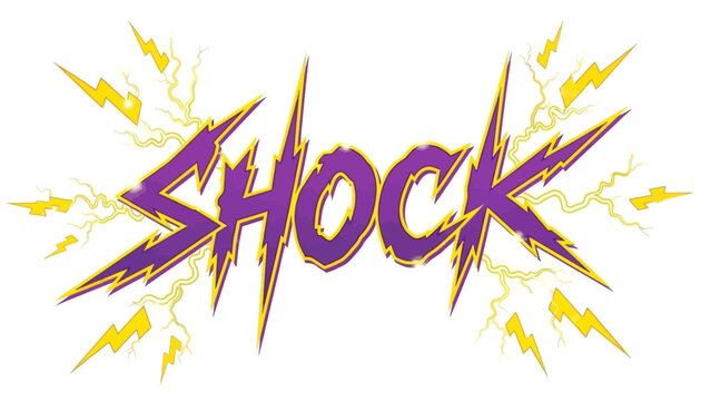 Comic-style Shock text in bold jagged purple and yellow with dynamic lightning bolts and sparks around it on a transparent background, symbolizing energy or surprise. Vector illustration