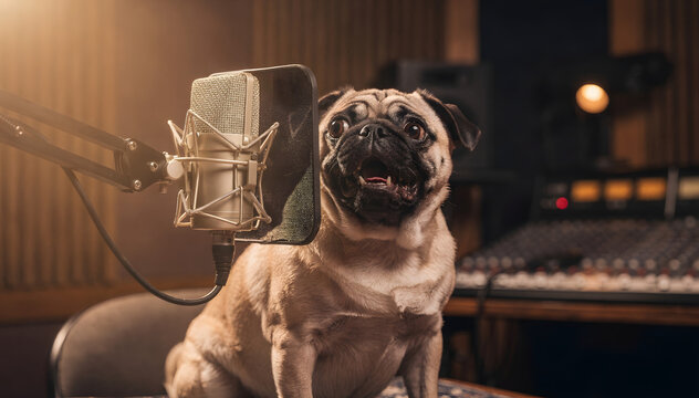 Pug's Passion: A Canine Crooner Ready to Record in Studio - Captivating Shot of a Dog in a Professional Recording Setting, Perfect for Animal-Themed Projects