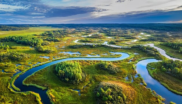 vibrant aerial view of peatland hummocks and water channels