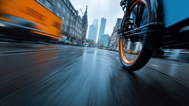 Wide angle wet street cargo wheel whizzing through downtown at dusk, exaggerated perspective from low camera height, pronounced motion blur and reflective puddles, skyscrapers and headlight streaks,