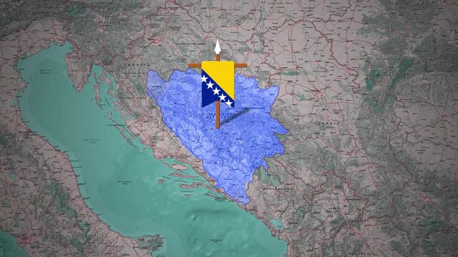 Geopolitical Map Animation of Bosnia and Herzegovina with Blue Highlight and National Symbols