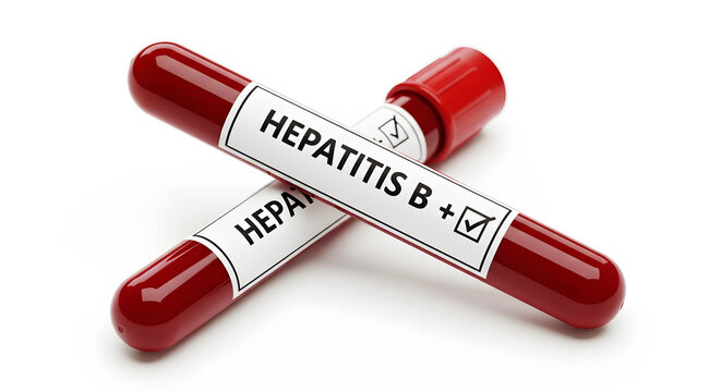 Two red blood test tubes labeled Hepatitis B positive on white background image