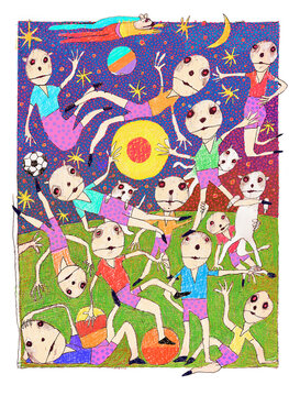 Colorful abstract painting, illustration of playful children and celestial cats in a whimsical scene.