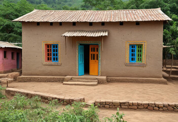 Mud-brick house in India with colorful doors and a courtyard for livestock