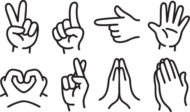 Hand gesture icons collection for communication and expression on transparent background vector