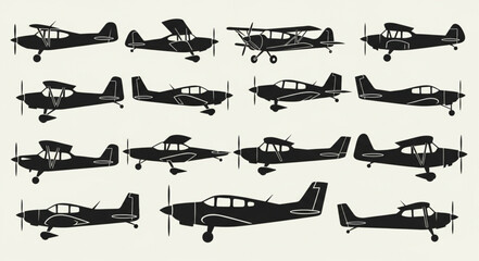 Collection of vintage and modern small aircraft silhouettes. © Pero