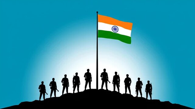 Indian Army Soldiers Silhouette Raising Tricolor Flag on Hill with Sunrise Glow Minimal Loop Animation