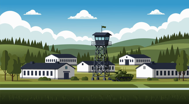 Military base vector illustration featuring a watchtower, barracks, and a tank in a rural landscape setting