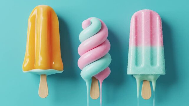 Three colorful popsicles on a bright blue background.
