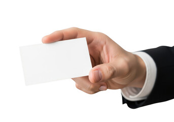 Hand holding a blank business card against white background isolated on transparent background