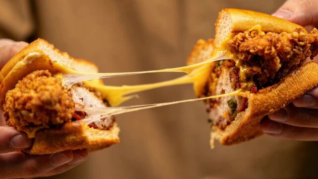 Crispy fried chicken hamburger pulled apart with melted cheese stretch in hands, close up fast food advertising concept.