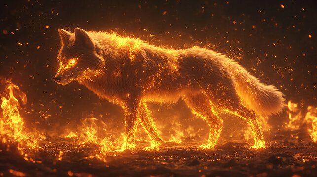Concept image of a red wolf and flame on a black.  The Power of the Fire Wolf. Flaming wolf. 