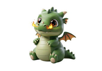 Fototapeta premium A cute green dragon with orange wings and fire in its mouth isolated on transparent background