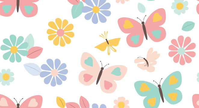 Spring butterfly and flower seamless pattern vector clipart in pastel colors for kids design