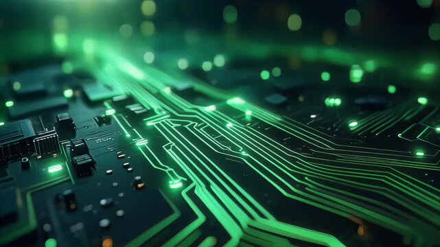 Glowing green circuit board pulsing with neon lights, dynamic motion, technology background, futuristic concept.